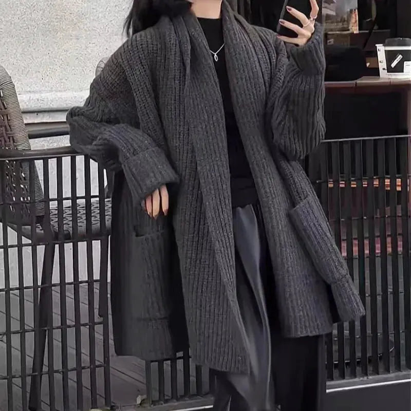 Autumn/Winter Thickened 100% Pure Wool Women's Turn-down Collar Knitted Cardigan Loose Sweater Coat Top Mid-long Length by Vimost Shop