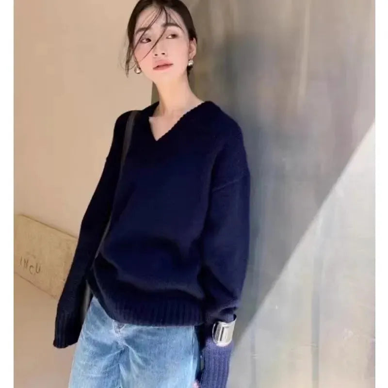 V-neck 100 pure wool sweater for women in autumn and winter, loose and thick sweater, long-sleeved knitted top by Vimost Shop