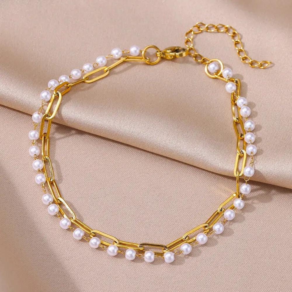 Anklets for Women Summer Beach Accessories Stainless Steel Imitation Pearl Chain Anklet Gold Color Leg Bracelets Bodychain Gifts by MAIDEN-ART