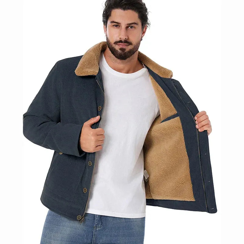 Men's Winter Corduroy Jacket Warm Fleece Lined Cargo Work Coat Casual Thick Sherpa Collar Trucker Deck Navy Jackets by Vimost Shop