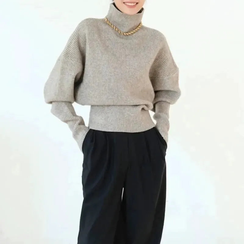 French retro high-neck pullover pure wool sweater women's short knitted base sweater waist-cinching and versatile top by Vimost Shop
