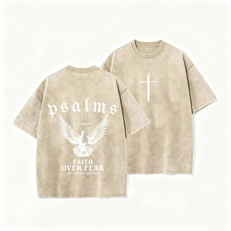 Retro Faith Over Fear T Shirt Psalms Dove Print Casual Washed Religious Streetwear by Vimost Shop