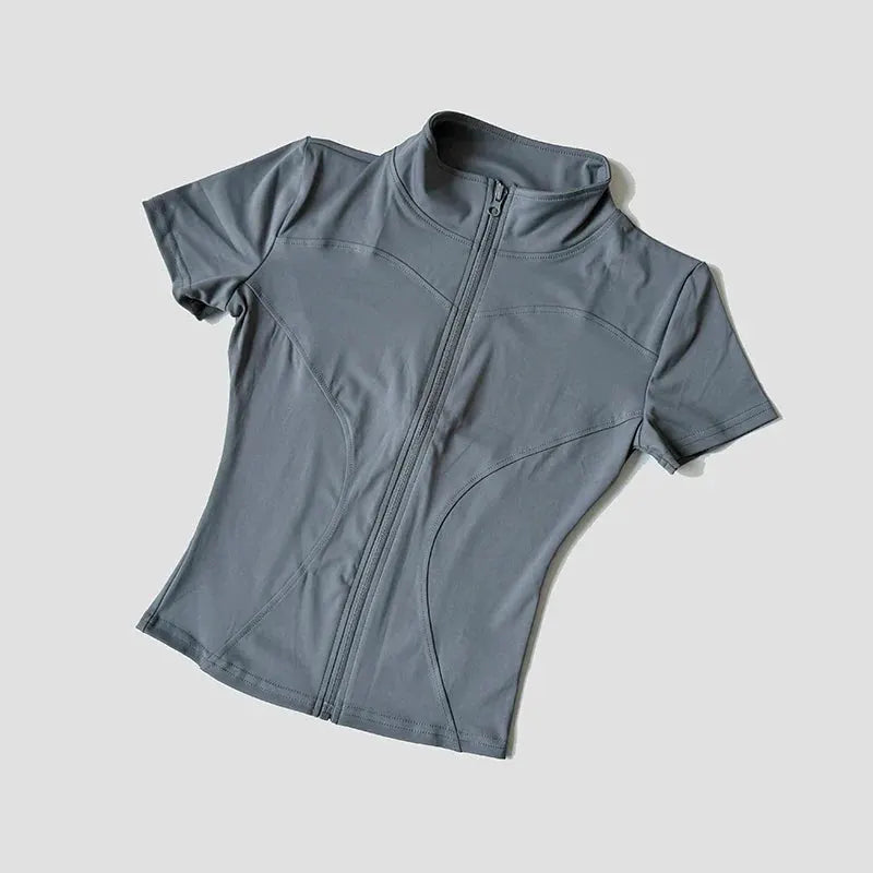 Women’s Slim Fit Short Sleeve Yoga Top with Stand Collar Zip Front by Vimost Shop