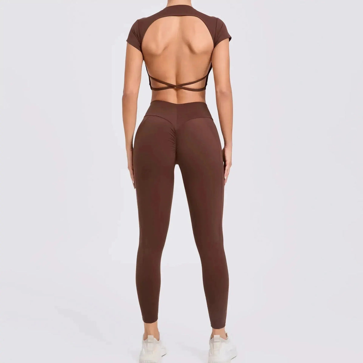 Cross Backless Sporty Set Women 2 Piece Sportswear Short Sleeve Training Suit for Fitness Yoga Wear Female Gym Workout Clothes by MAIDEN-ART