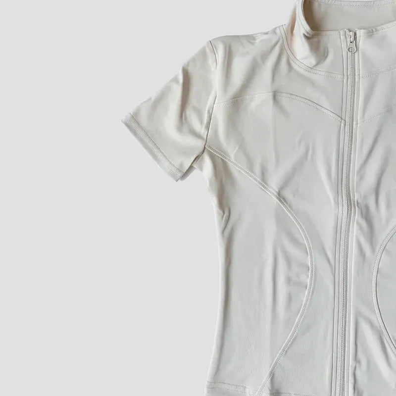Women’s Slim Fit Short Sleeve Yoga Top with Stand Collar Zip Front by Vimost Shop