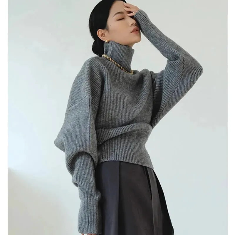 French retro high-neck pullover pure wool sweater women's short knitted base sweater waist-cinching and versatile top by Vimost Shop