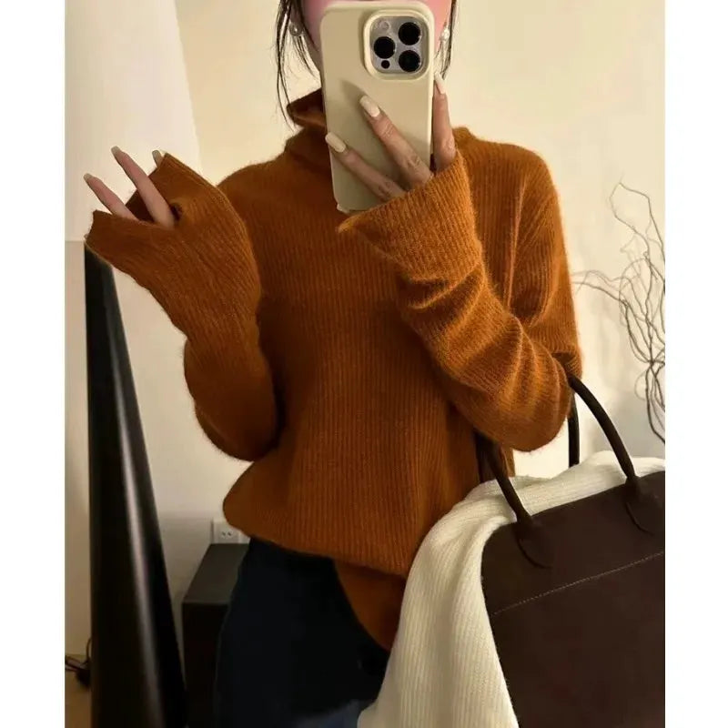 Foreign style autumn and winter turtleneck 100% pure cashmere sweater women lazy loose thick jumper knitted wool base shirt by Vimost Shop