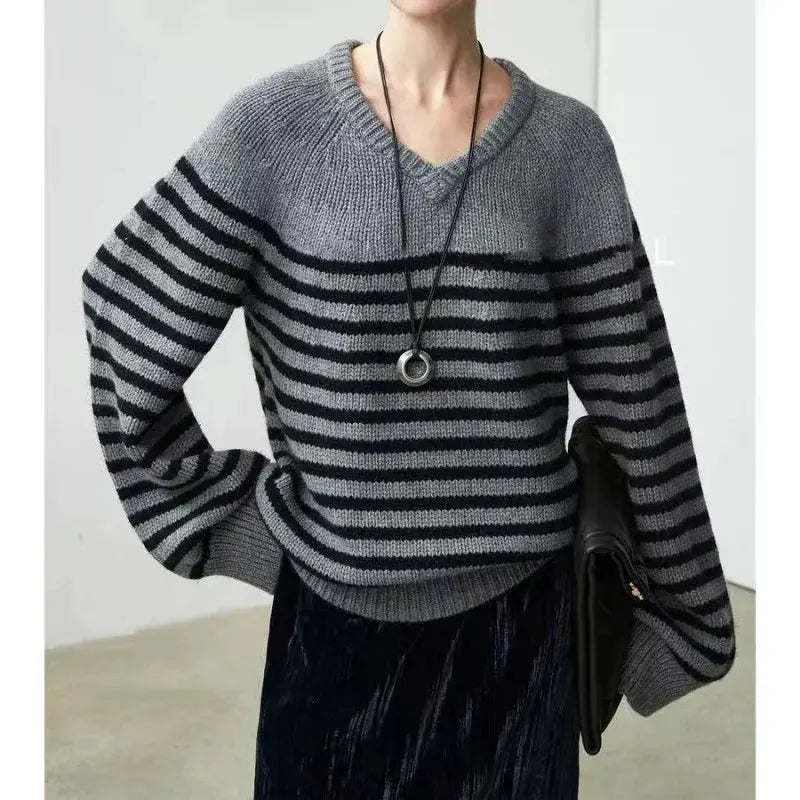 High-end V-neck striped 100% wool knitted sweater loose pullover sweater women wool base layer by Vimost Shop