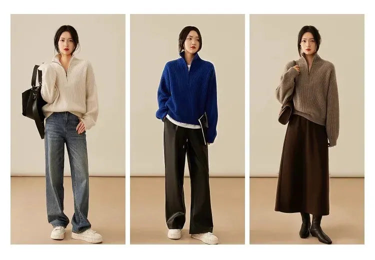 100% pure cashmere sweater women's half zip stand collar thick loose lapel pullover sweater by Vimost Shop