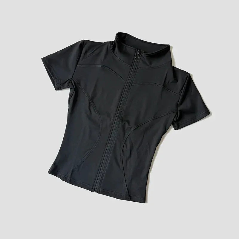 Women’s Slim Fit Short Sleeve Yoga Top with Stand Collar Zip Front by Vimost Shop