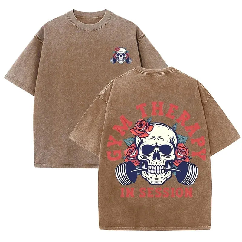 Gym Therapy In Session Skull Rose Print Vintage Washed Workout T Shirt by Vimost Shop