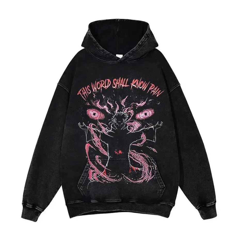 Anime Pain Graphic Hoodie Men's Retro Washed Harajuku Streetwear by Vimost Shop