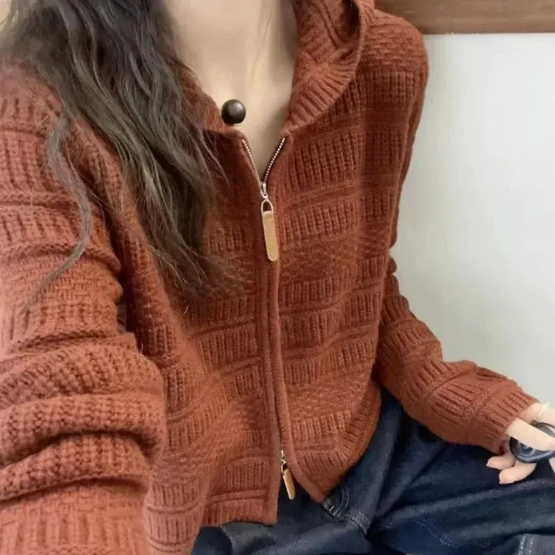 Autumn and Winter Thickened 100% Pure Wool Women's Hooded Knit Cardigan Loose Sweater Coat with Double Zippers Short Style by Vimost Shop