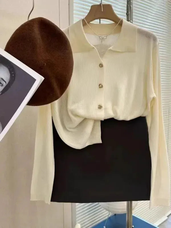 POLO lapel cashmere knit cardigan women's spring and autumn thin loose sweater short wool coat by Vimost Shop