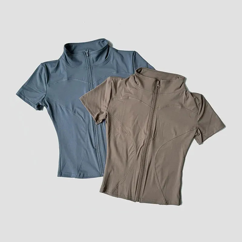 Women’s Slim Fit Short Sleeve Yoga Top with Stand Collar Zip Front by Vimost Shop