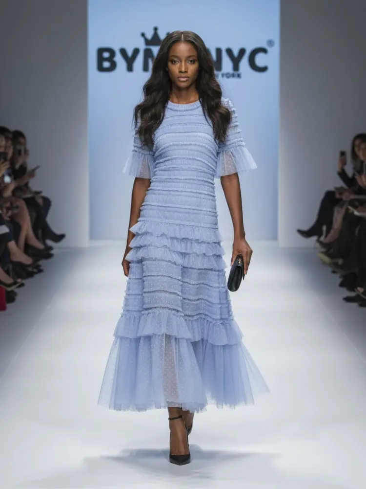 Sky Blue Ruffle Midi Dress CENTRAL PARK: Prêt-à-Porter Line BYMANYC ® New York by BYMANYC ® New York