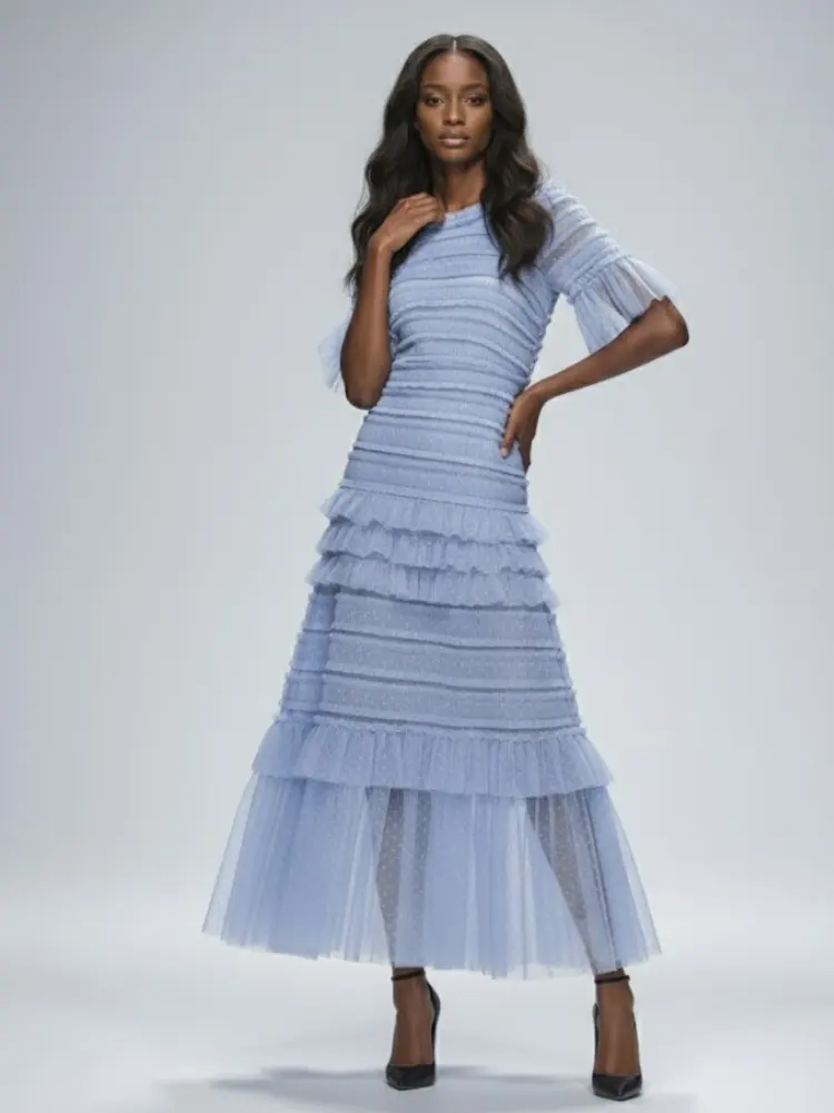 Sky Blue Ruffle Midi Dress CENTRAL PARK: Prêt-à-Porter Line BYMANYC ® New York by BYMANYC ® New York