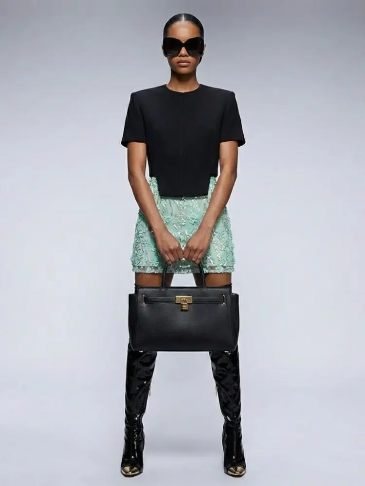 Structured Tweed Mini Skirt with Embroidered Roses & Crystals • BYMANYC ® New York by BYMANYC ® New York