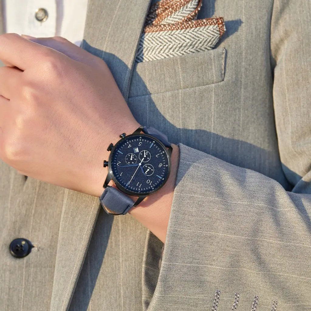 Trnda Men's Black Stainless Steel Watch, Blue Leather Band | Trn-43dbl by TRNDA