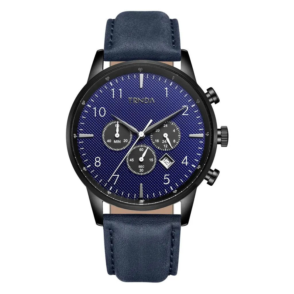 Trnda Men's Black Stainless Steel Watch, Blue Leather Band | Trn-43dbl by TRNDA