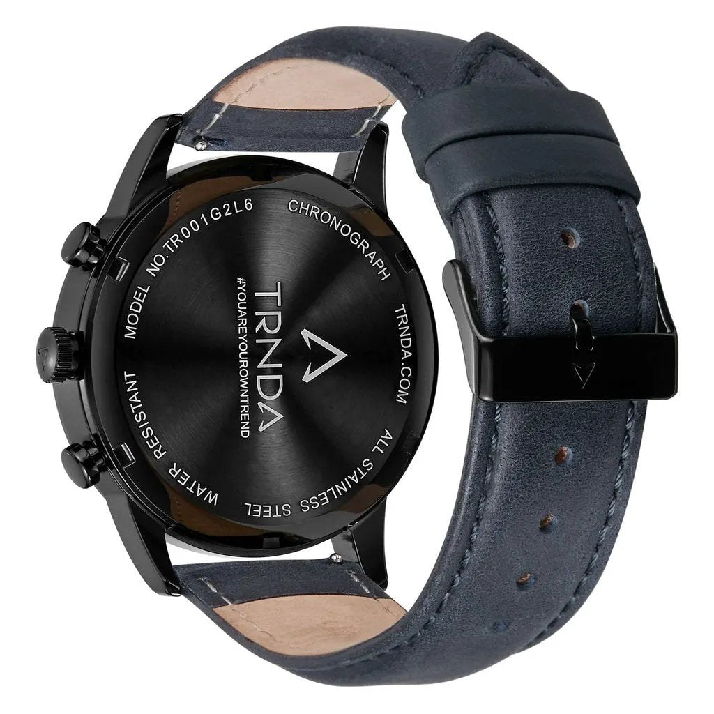 Trnda Men's Black Stainless Steel Watch, Blue Leather Band | Trn-43dbl by TRNDA