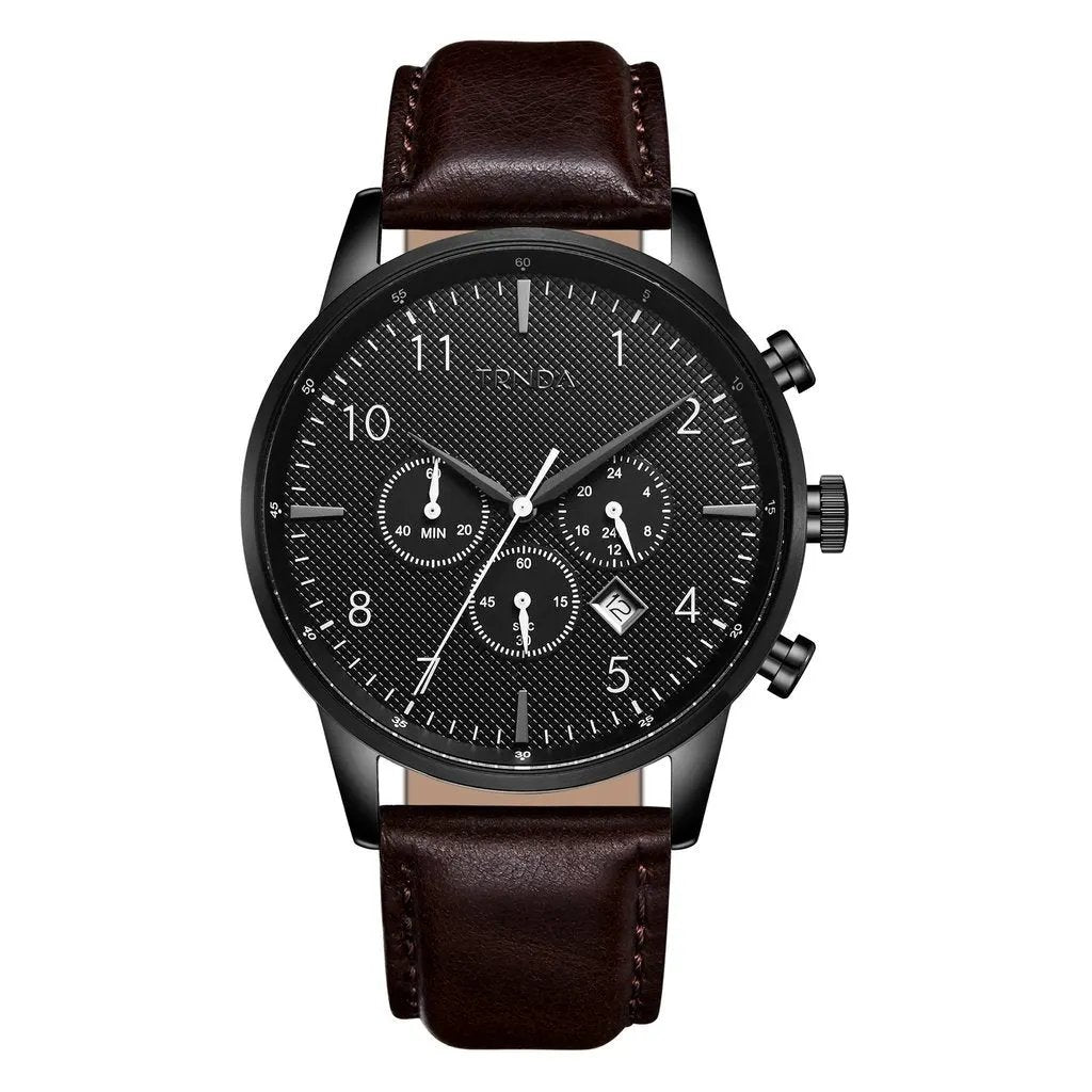 Trnda Men's Stainless Steel Black Watch, Brown Leather Band | Trn-43mm-Bl by TRNDA