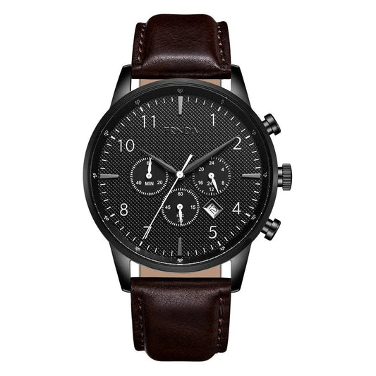 Trnda Men's Stainless Steel Black Watch, Brown Leather Band | Trn-43mm-Bl by TRNDA