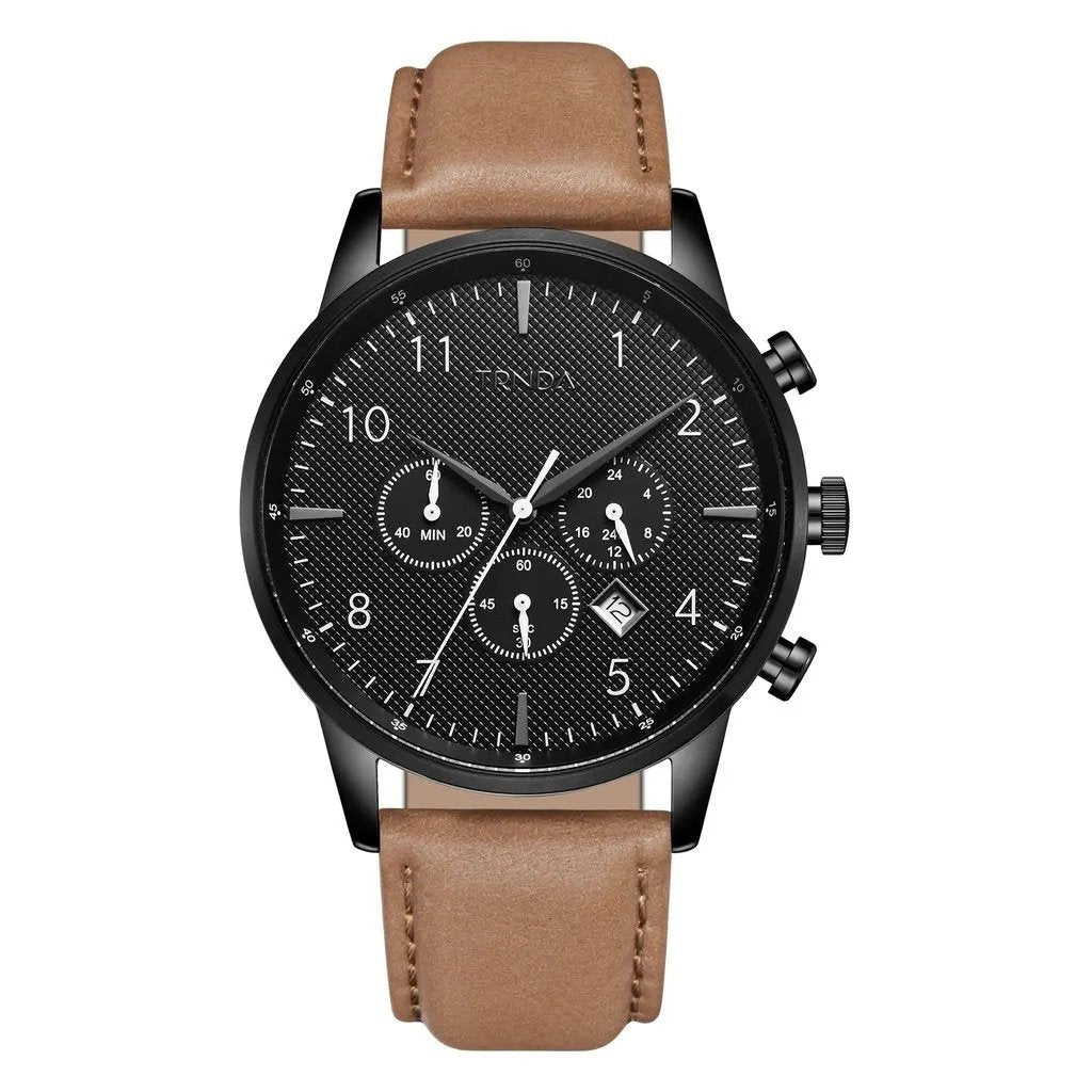 Trnda Men's Black Stainless Steel Watch, Tan Leather Band | Trn43mm by TRNDA