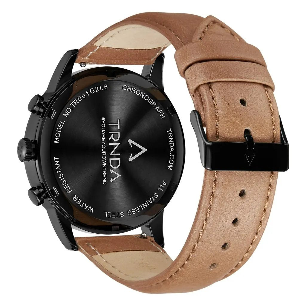 Trnda Men's Black Stainless Steel Watch, Tan Leather Band | Trn43mm by TRNDA