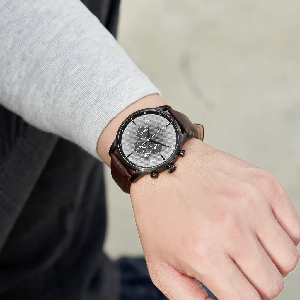 Trnda Men's Stainless Steel Black Watch, Brown Leather Band | Trnda-43mm by TRNDA