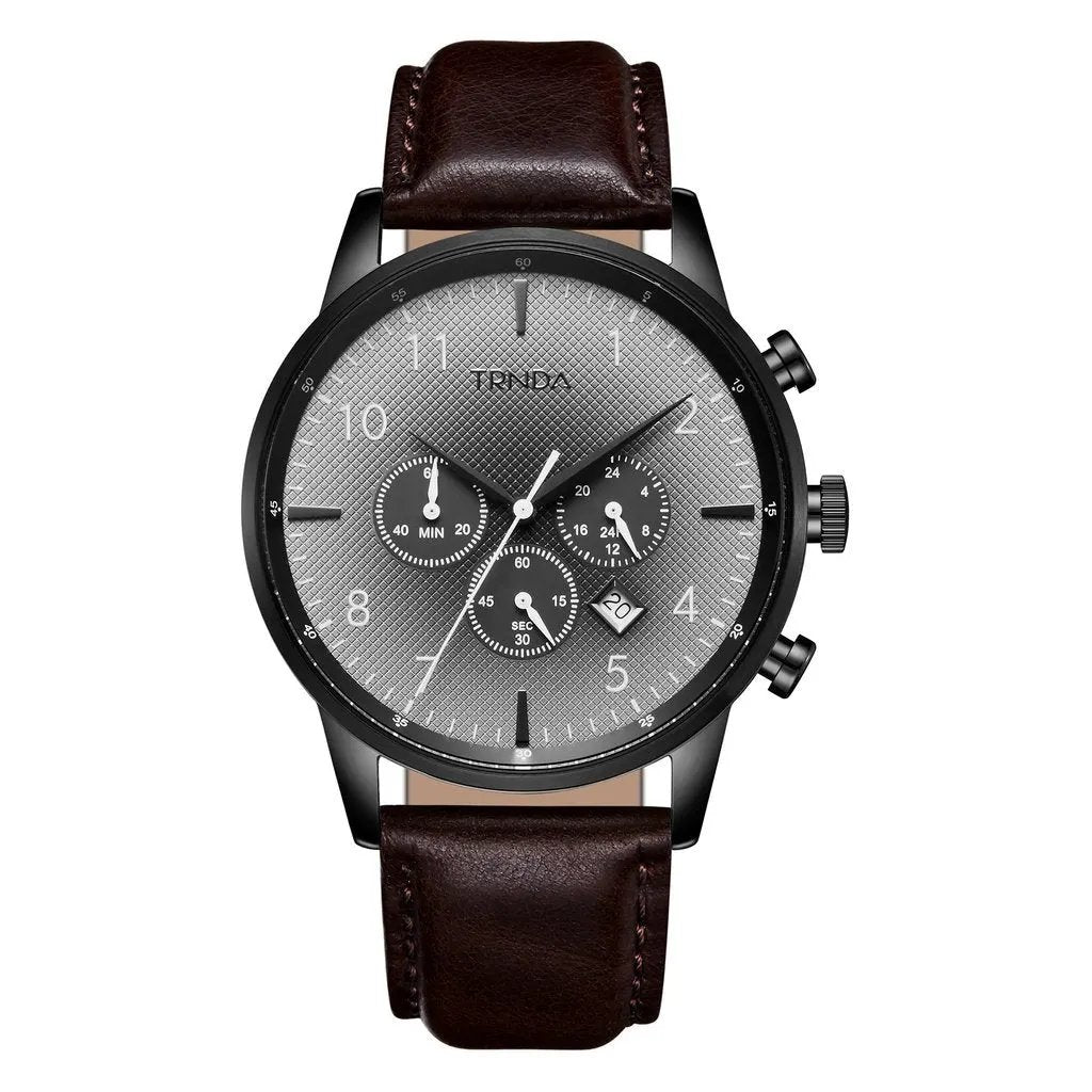 Trnda Men's Stainless Steel Black Watch, Brown Leather Band | Trnda-43mm by TRNDA