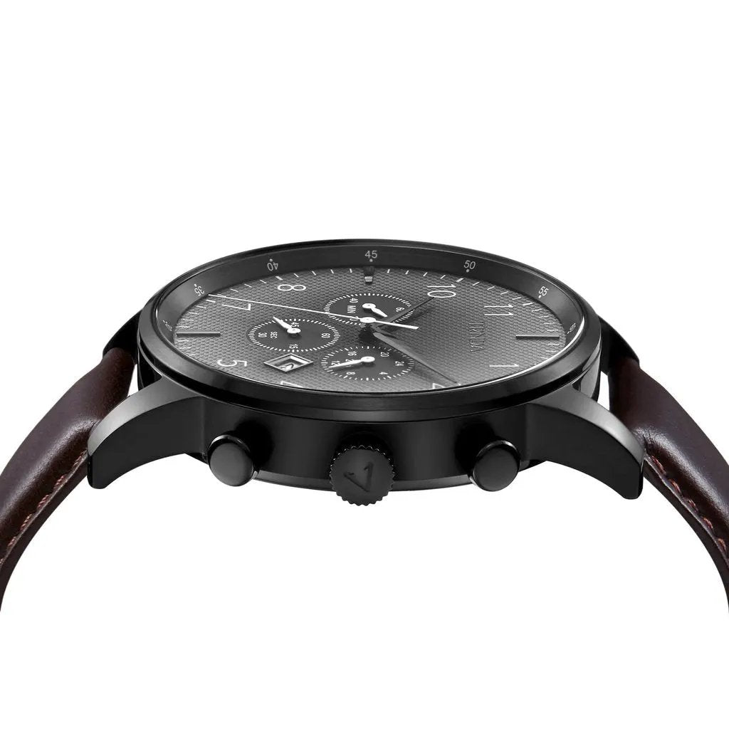 Trnda Men's Stainless Steel Black Watch, Brown Leather Band | Trnda-43mm by TRNDA