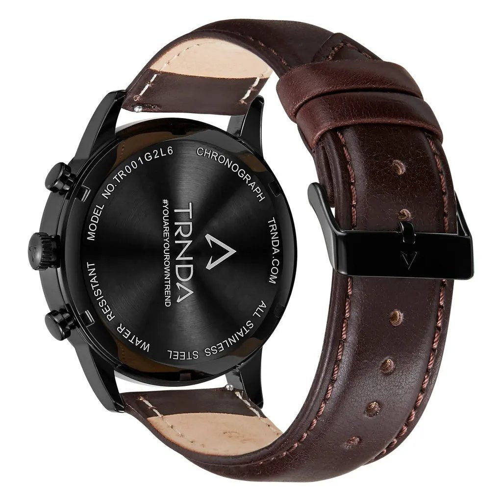 Trnda Men's Stainless Steel Black Watch, Brown Leather Band | Trnda-43mm by TRNDA