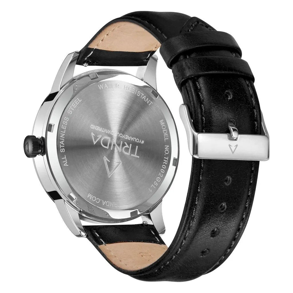 Trnda Men's Stainless Steel Watch, Black Leather Band | Trn1234 by TRNDA