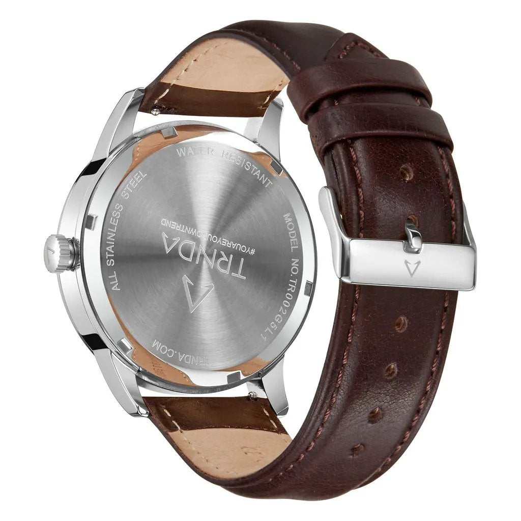 Trnda Men's Stainless Steel Watch, Brown Leather Band | Trn-Ss43 by TRNDA