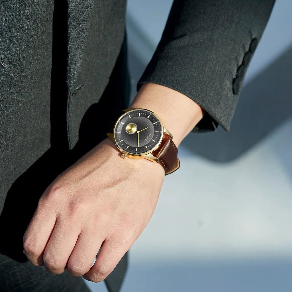 Trnda Men's Stainless Steel Gold Watch, Brown Leather | Trnda-43g by TRNDA