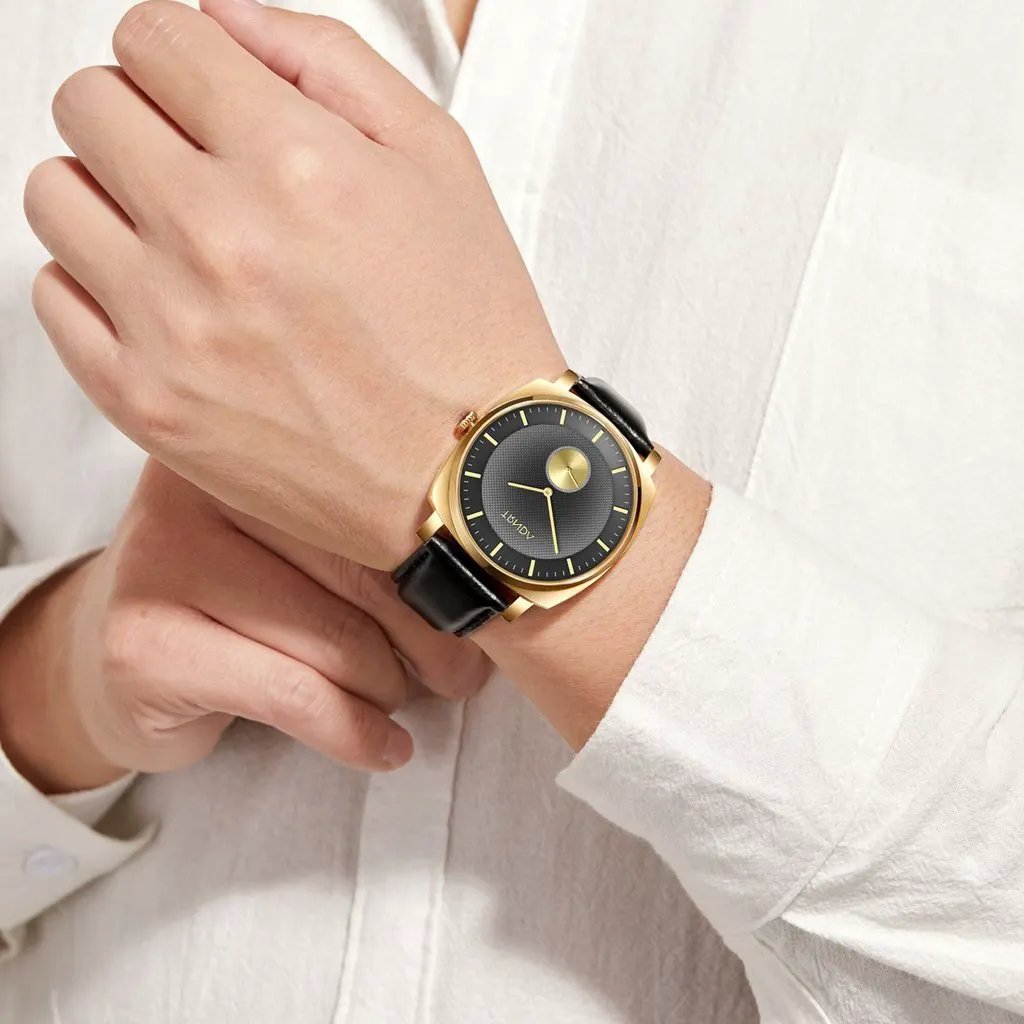 Trnda Men's Gold Stainless Steel Watch, Black Leather Band | Trn-Ss45 by TRNDA