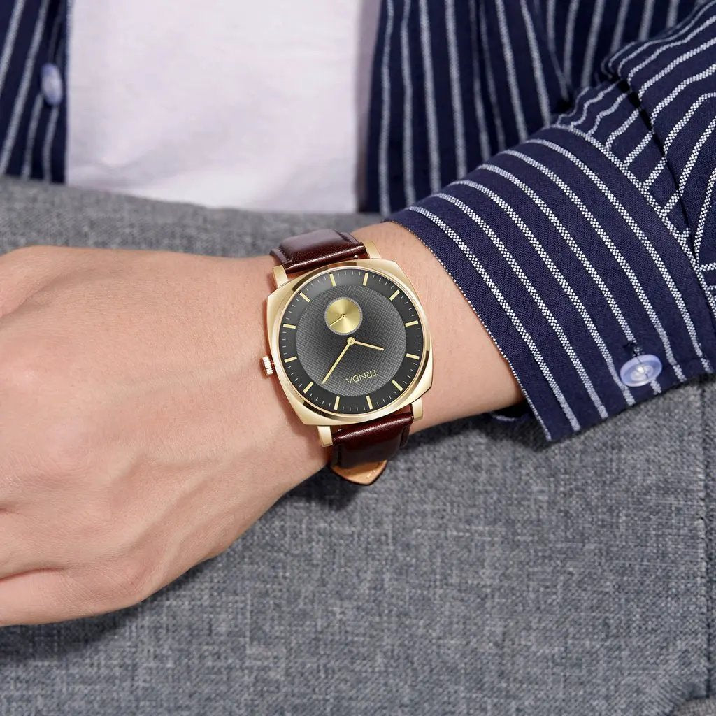 Trnda Men's Gold Stainless Steel Watch, Brown Leather | Trn-001 by TRNDA