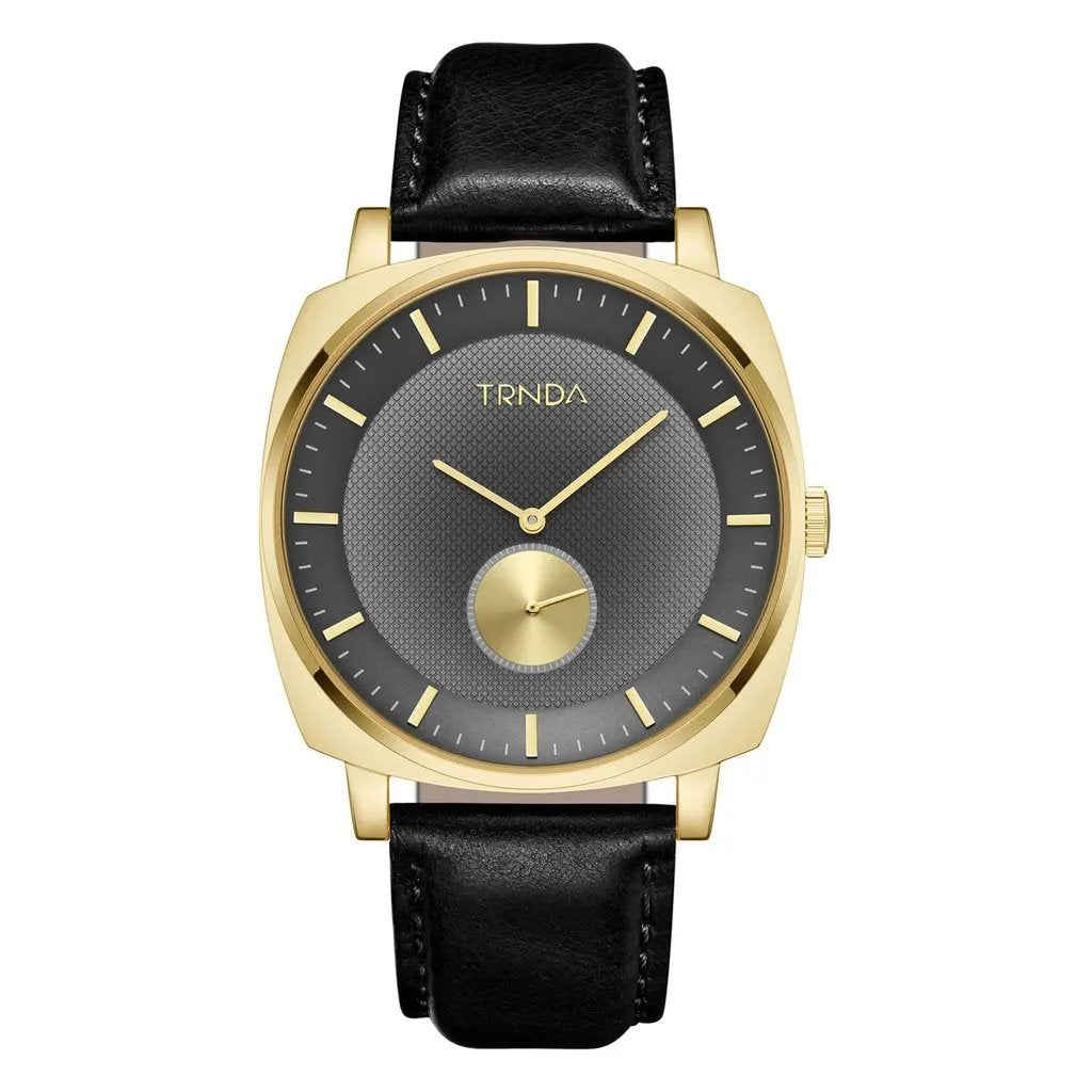 Trnda Men's Gold Stainless Steel Watch, Black Leather Band | Trn-Ss45 by TRNDA