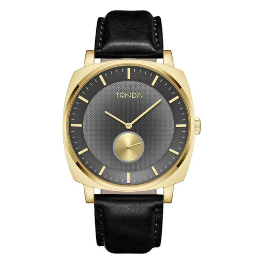 Trnda Men's Gold Stainless Steel Watch, Black Leather Band | Trn-Ss45 by TRNDA