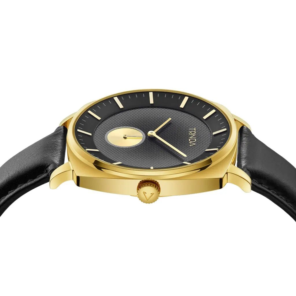 Trnda Men's Gold Stainless Steel Watch, Black Leather Band | Trn-Ss45 by TRNDA