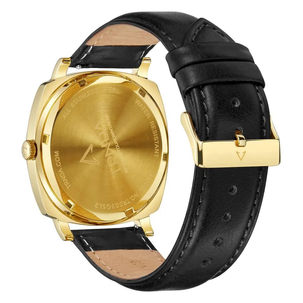 Trnda Men's Gold Stainless Steel Watch, Black Leather Band | Trn-Ss45 by TRNDA