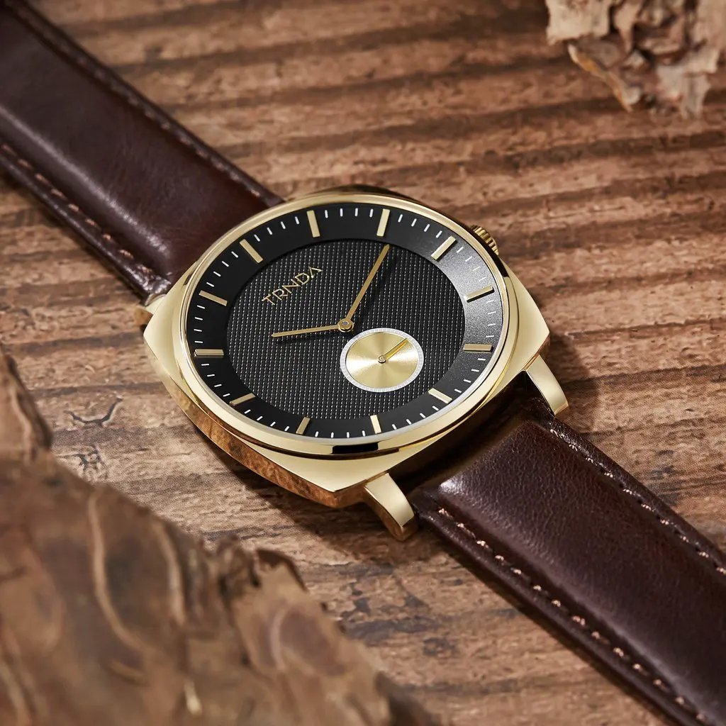 Trnda Men's Stainless Steel Gold Watch, Brown Leather | Trn45mbl by TRNDA