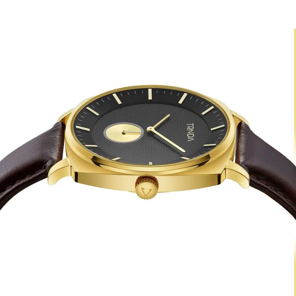 Trnda Men's Stainless Steel Gold Watch, Brown Leather | Trn45mbl by TRNDA