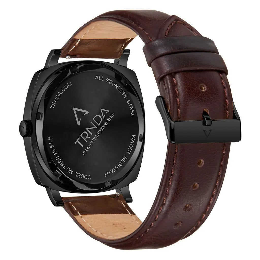 Trnda Men's Stainless Steel Black Watch, Brown Leather | Trn45bdg by TRNDA