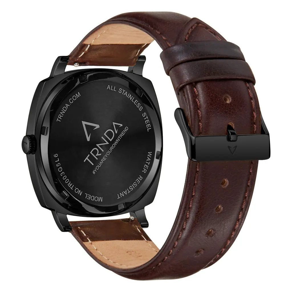 Trnda Men's Stainless Steel Black Watch, Brown Leather | Tr45bl by TRNDA