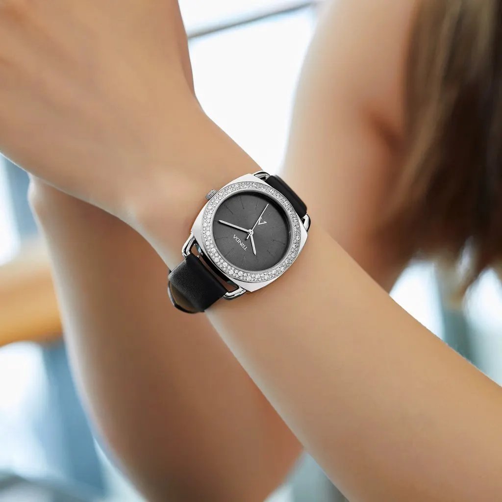 Trnda Women's Watch With Silver Stainless Steel Case And Black Leather Band by TRNDA