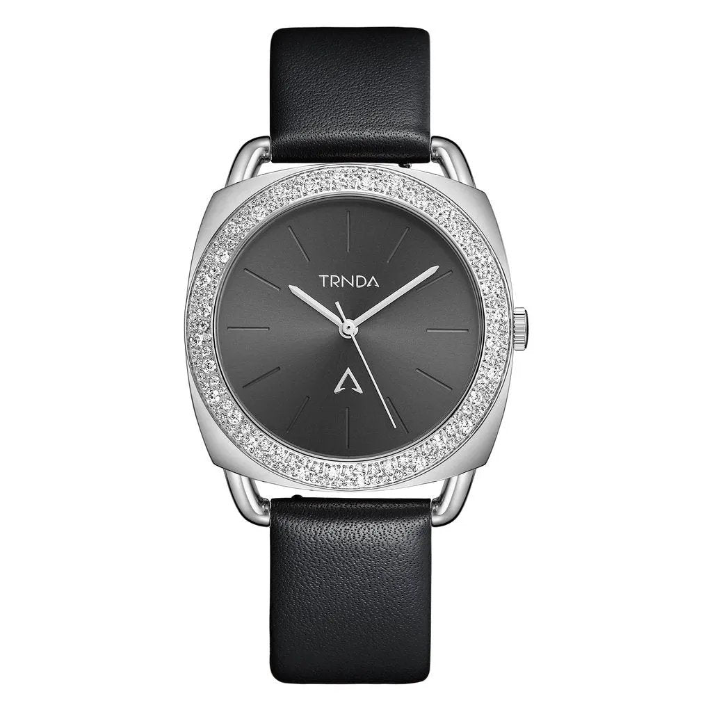 Trnda Women's Watch With Silver Stainless Steel Case And Black Leather Band by TRNDA