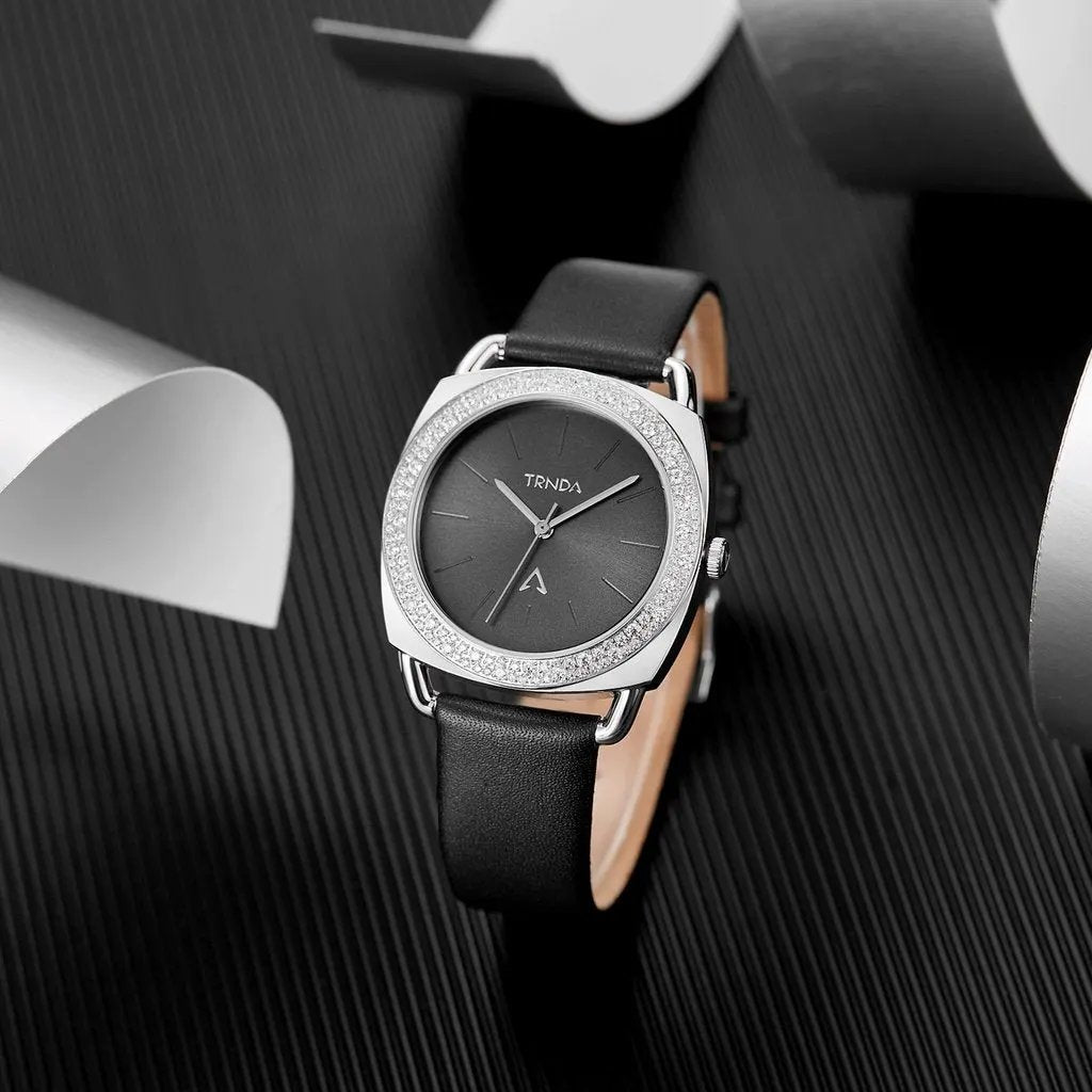 Trnda Women's Watch With Silver Stainless Steel Case And Black Leather Band by TRNDA