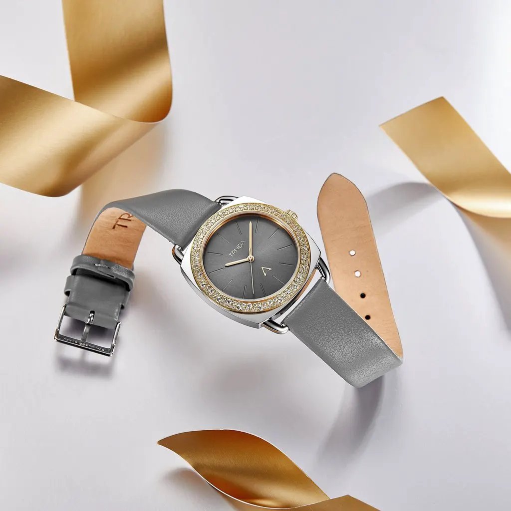 Trnda Women's Watch With Silver Stainless Steel Case And Gray Leather Band by TRNDA